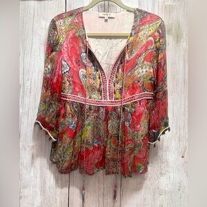 Derhy By Rene Derhy Ladies Short Sleeve Top Colourful Artsy Boho Peasant Blouse